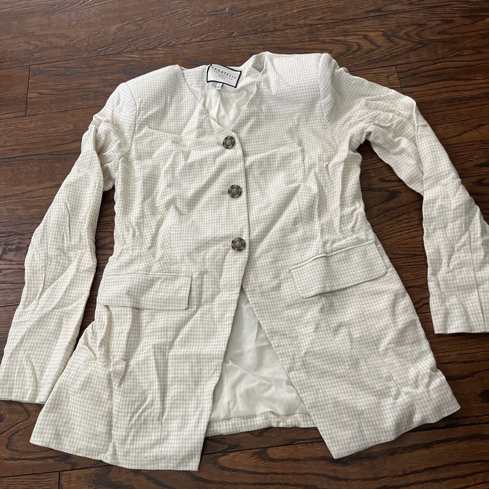 Bagatelle Blazer Jacket S Tan Houndstooth Linen Blend Quiet Luxury Coastal Chic
